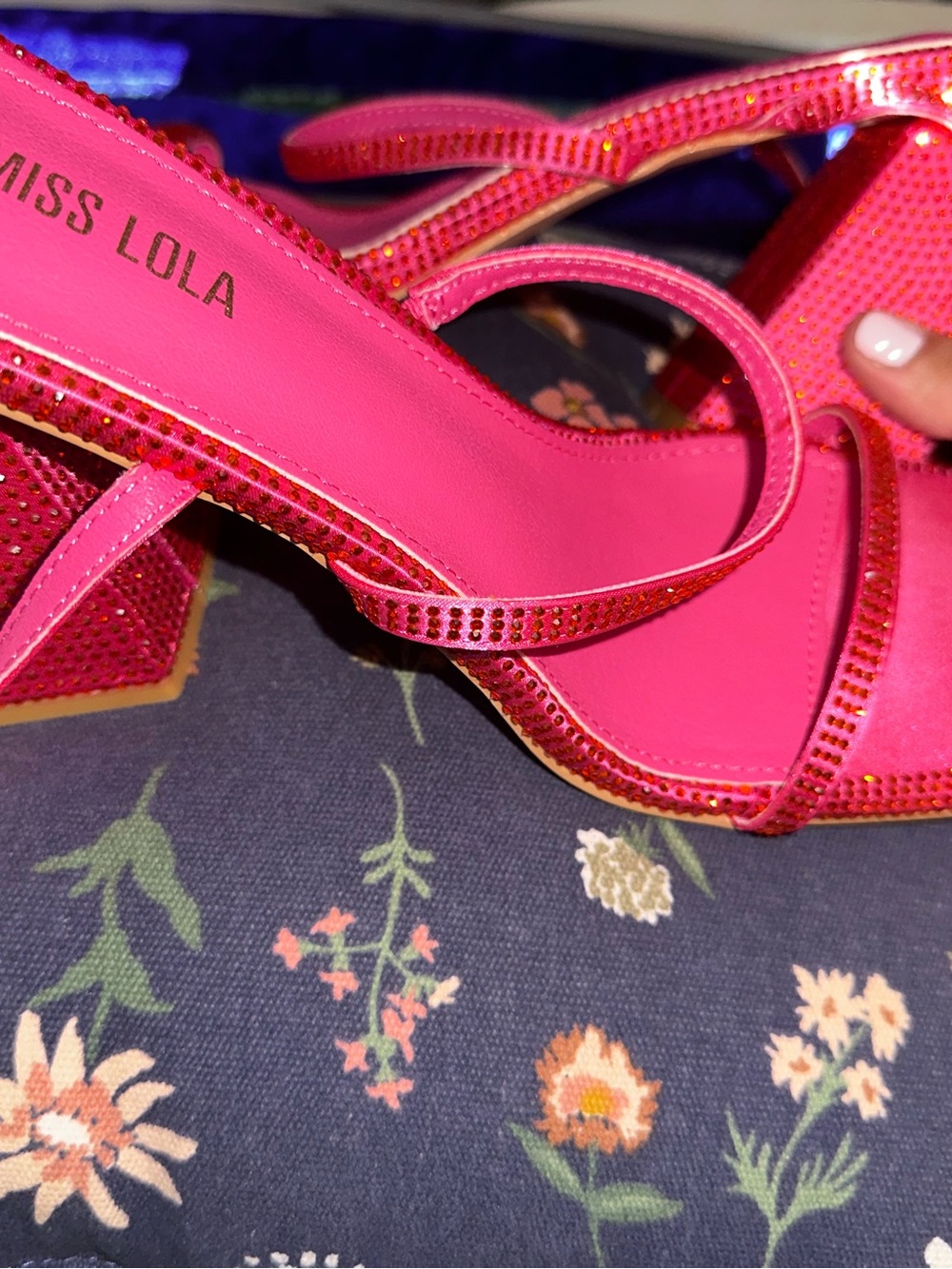 Miss Lola Fuchsia Rhinestone Strap Block Heels - Picture 4 of 5